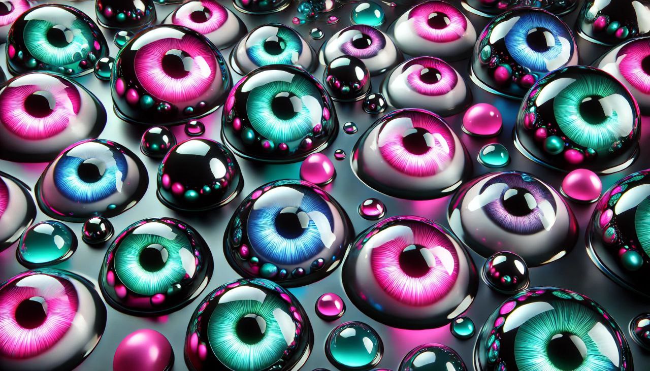 Una imagen abstracta que muestra una variedad de ojos en tonos vibrantes, incluyendo rosa, verde y azul, dispuestos sobre una superficie brillante.